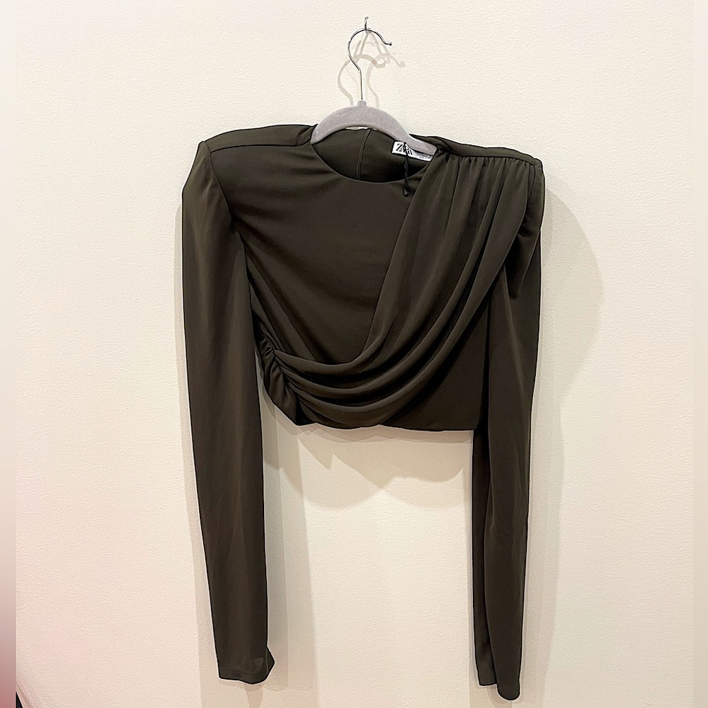 ZARA olive green draped top with shoulder pads